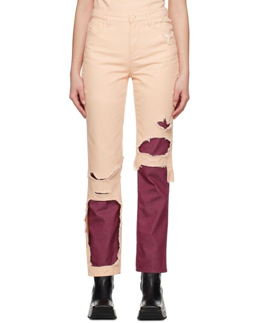 Raf Simons Red Pink & Burgundy Double Destroyed Jeans