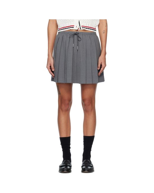 Thom Browne Black Wool Seersucker Drawstring Pleated Miniskirt