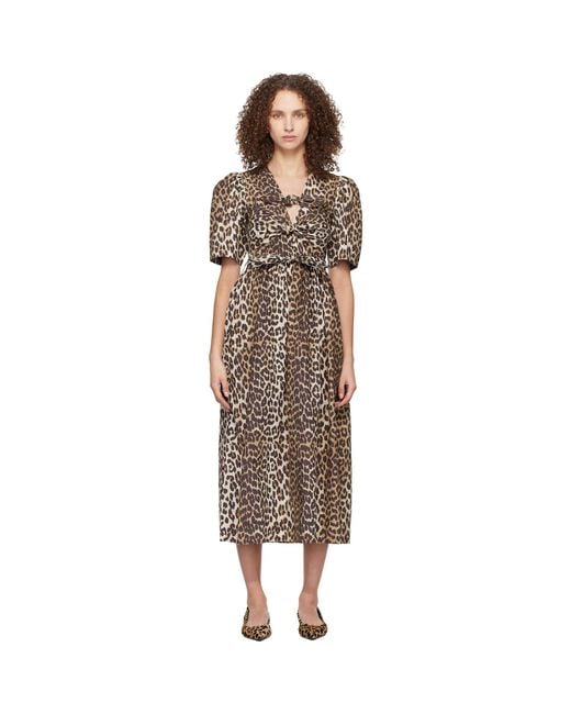 Ganni Black Leopard Printed Cotton Midi Dress