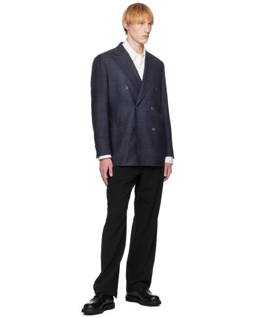Drake's Blue Tussah Silk Double-Breasted Tailored Blazer for men