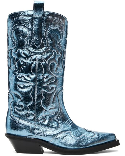 Ganni Blue Metallic Mid Shaft Embroide Western Boots
