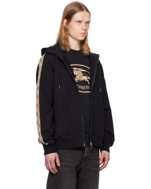Burberry Black Check Trim Cotton Zip Hoodie for men