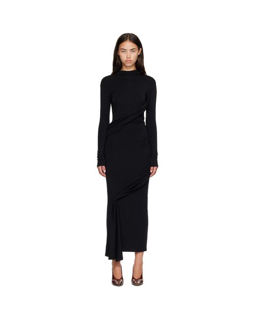 Mugler Black Draped Turtleneck Maxi Dress