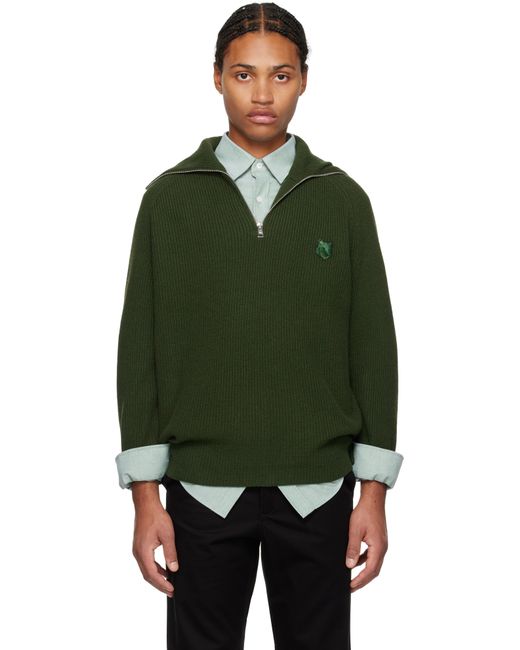 メンズ Maison Kitsuné ーン ボールド フォックスヘッド パッチ リブ ハーフジッププルオーバー Green