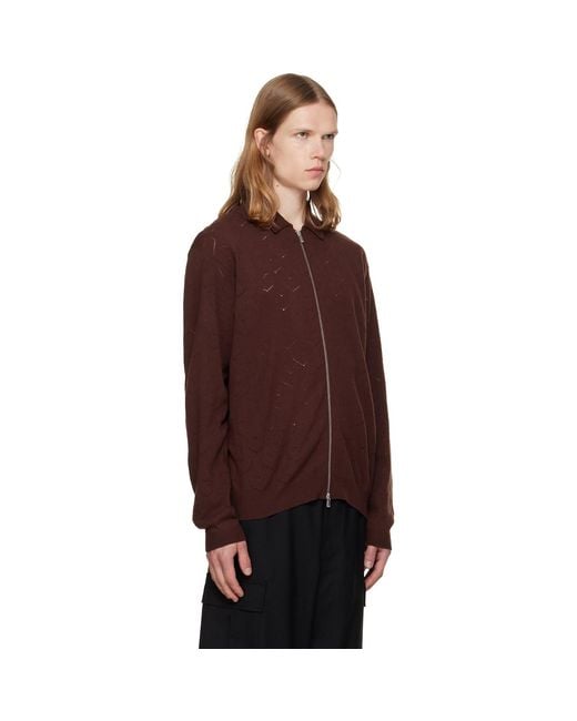 vowels Brown Eyelet Knitted Zip-Up Sweater for men