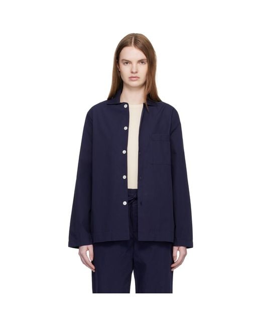 Tekla Blue Poplin Long-Sleeved Pyjama Shirt