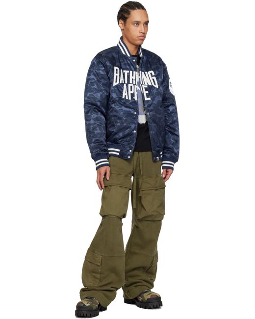 A Bathing Ape Blue Solid Camo Nyc Logo Varsity Bomber Jacket for men