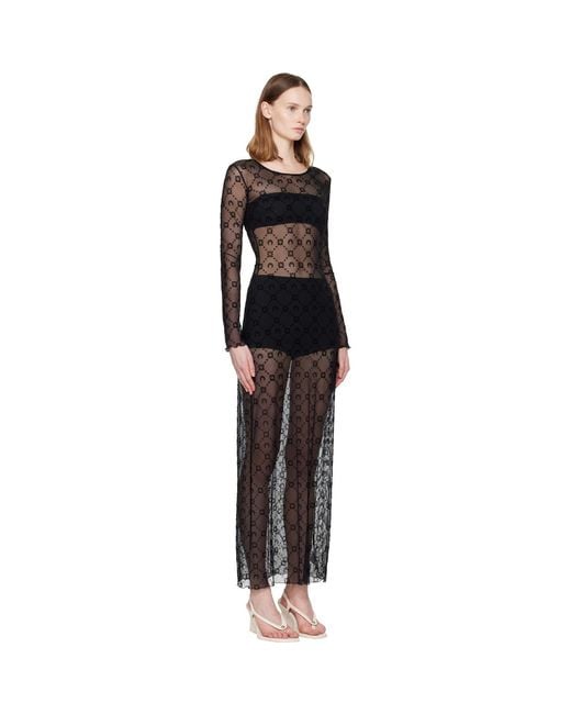 MARINE SERRE Black Moonogram Mesh Flock Ls Crewneck Maxi Dress