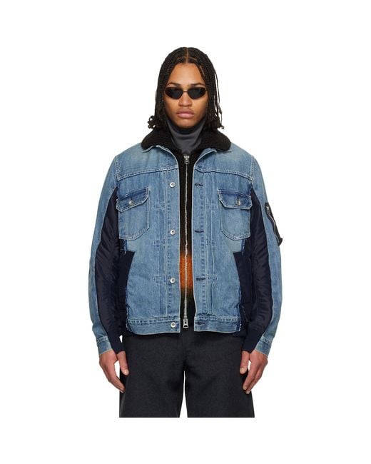 Sacai Blue Nylon Twill & Denim Jacket for men
