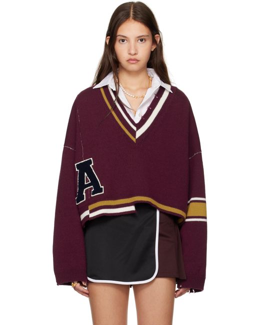 Pull Bourgogne À Col En V En Tricot Côtelé Et À Effet Usé Ambush en coloris Red