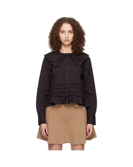 Ganni Black Stretch Cotton Ruffle Shirt