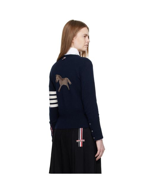 Thom Browne Blue Jersey Intarsia Classic Fit 4-Bar Cardigan