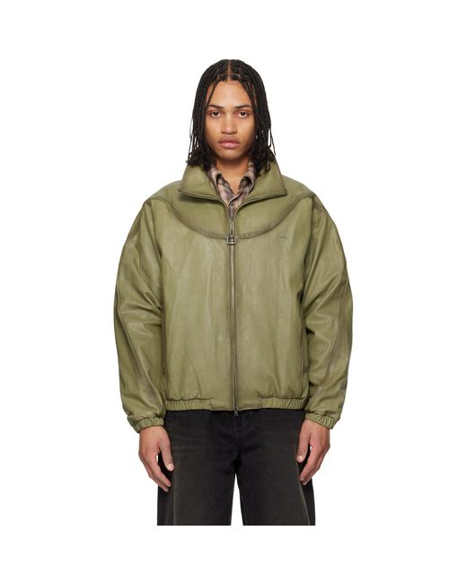 Wooyoungmi Green Khaki High Neck Leather Jacket for men