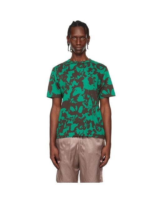 Dries Van Noten Green Printed Cotton T-Shirt for men