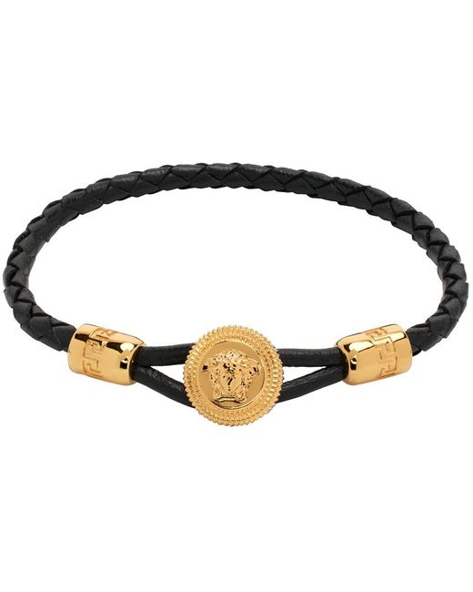 Versace Black & Gold Medusa biggie Braided Leather Bracelet for men