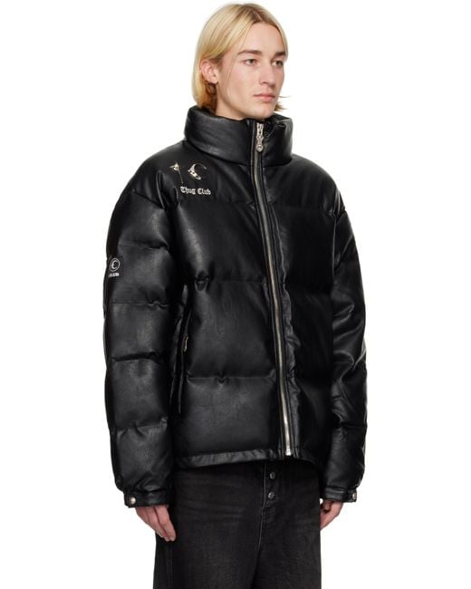 メンズ THUG CLUB ブラック フェイクレザー パファー ダウンジャケット
