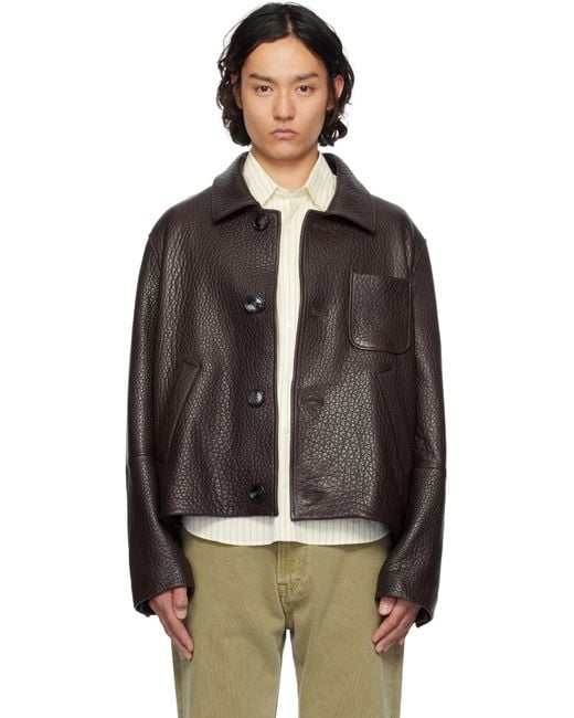 AMI Black Burgundy Buttoned Leather Jacket for men