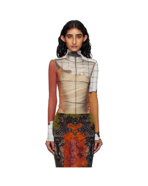 Jean Paul Gaultier Multicolor Long Sleeves Twisted Printed Fire Bodysuit