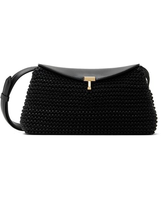 Totême Black T-Lock Woven-Leather Clutch