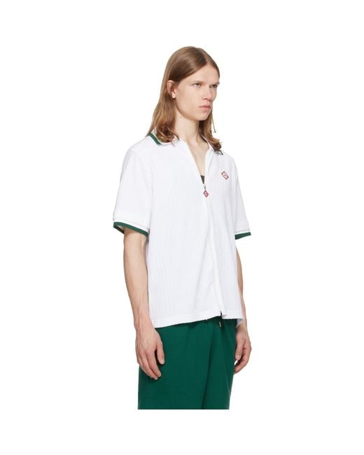 Casablanca White Striped Velour Zip‐up Short Sleeve Shirt for men