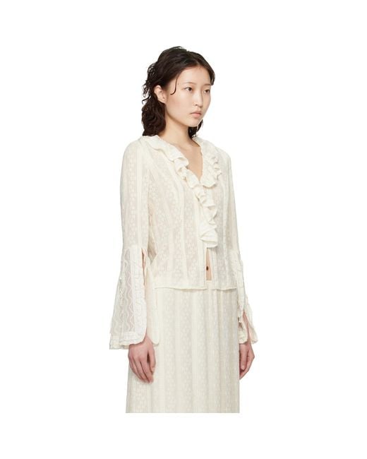 Anna Sui White Off- Floral Ruffle Stretch Lace Blouse