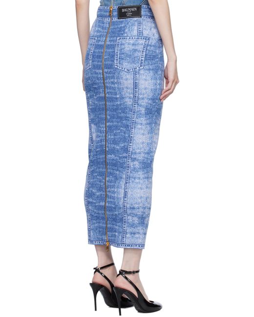 Balmain Blue Denim Effect Knit Midi Skirt