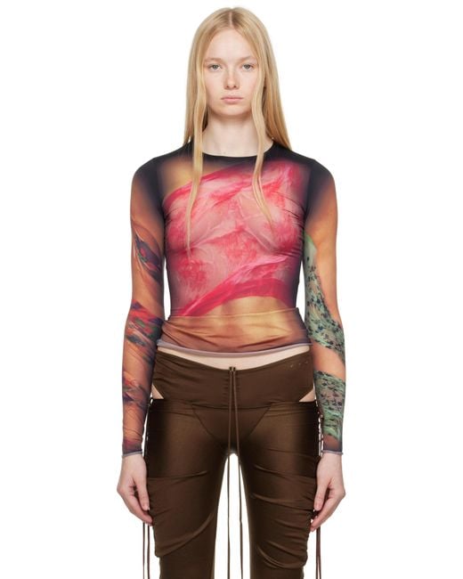 MARINE SERRE Orange Recycled Draped Statue Jersey Second Skin T-Shirt