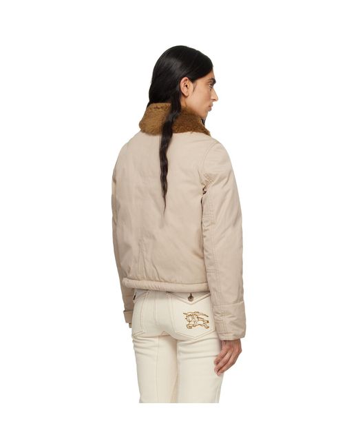 Burberry Natural Shearling Collar Gabardine Down Bomber Jacket