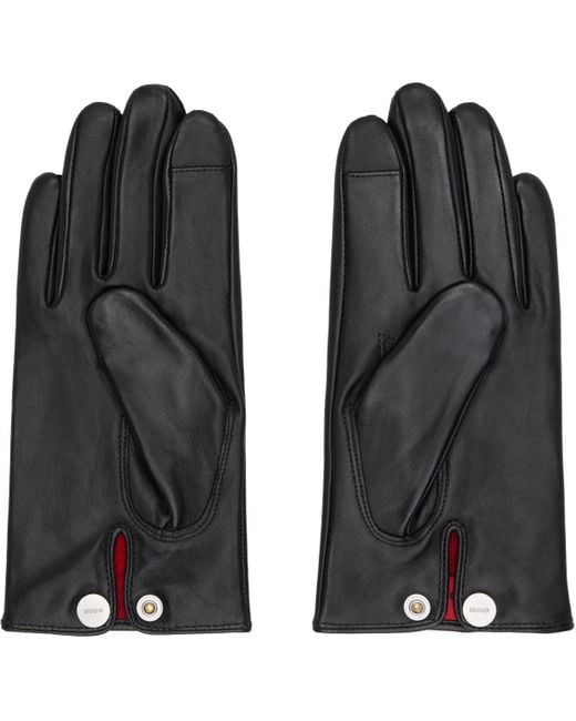 メンズ HUGO ブラック Wool-Blend Lining レザーグローブ Black
