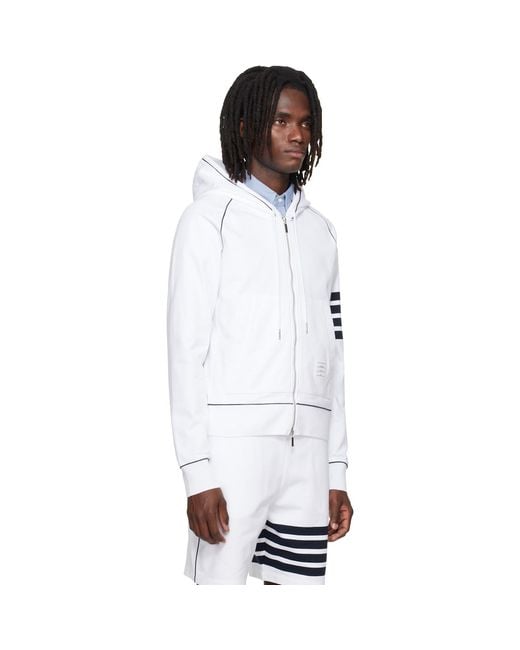 Thom Browne White Loopback 4-Bar Zip Up Hoodie for men