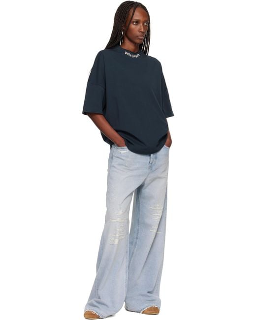 Palm Angels Blue Curved Logo Collar Over T-Shirt