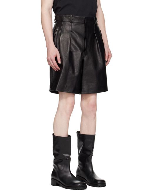 RECTO. Black Pleated Leather Shorts for men