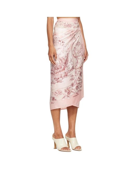 Ferragamo Pink Voyage Print Silk Midi Skirt