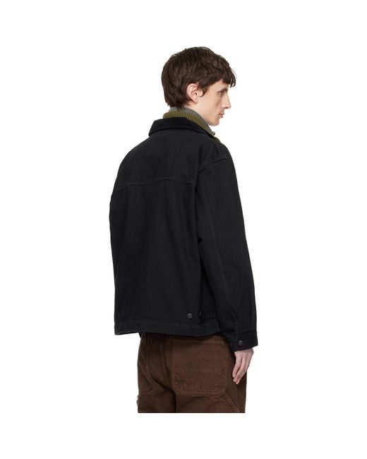 vowels Black Cord Collared Zip-Up Denim Jacket for men