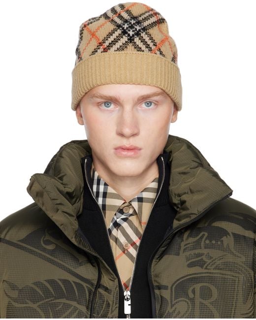 Burberry Brown Check Cashmere Beanie for men