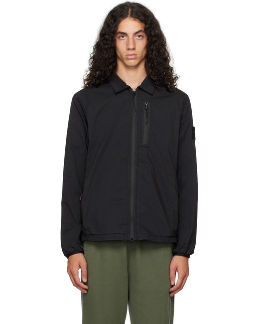メンズ Stone Island ブラック ツイル ジッパー オーバーシャツ ジャケット Black