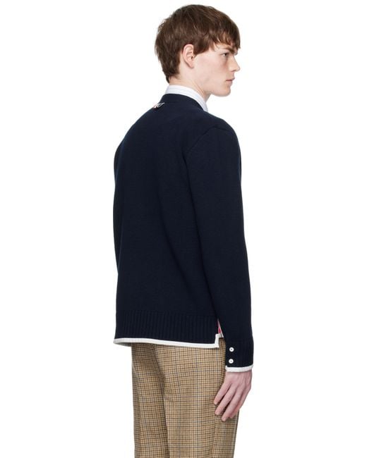Thom Browne Blue Milano Stitch Merino Wool 4-Bar V-Neck Cardigan for men