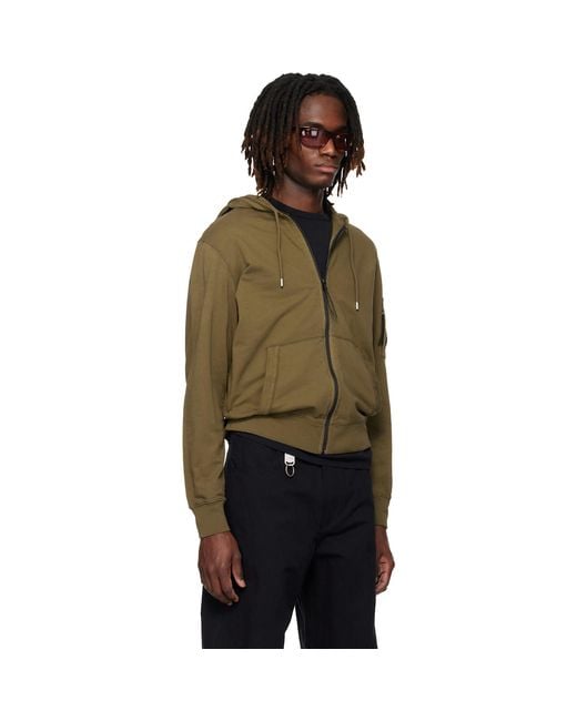 C P Company Black Khaki Light Fleece Zip Lens Hoodie for men