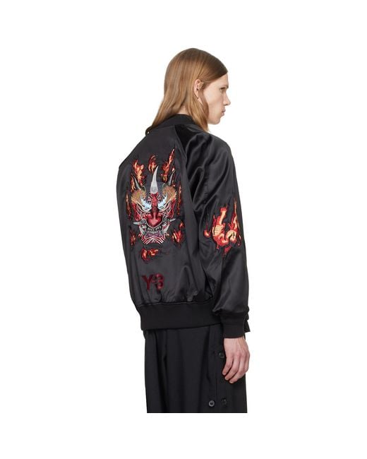 Y-3 Black Embroidered Graphic Satin Souvenir Jacket for men