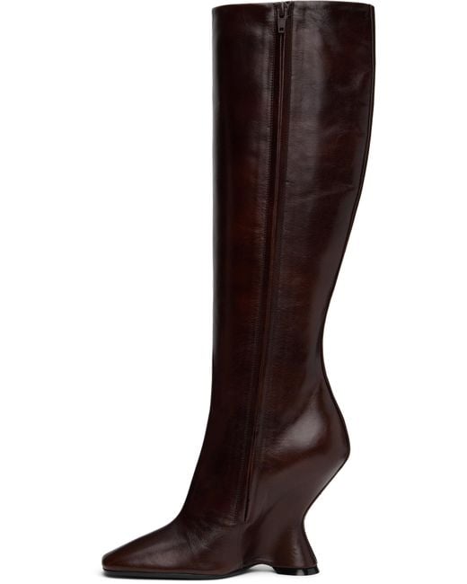 Dries Van Noten ブラウン レザー ウェッジ ロングブーツ Black