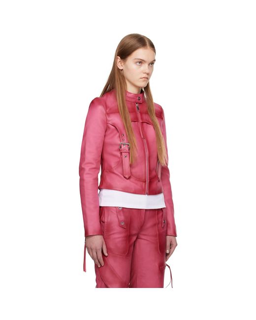 Blumarine Red Pink Guêpière Leather Biker Jacket