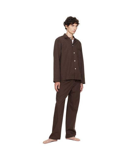 Tekla Brown Poplin Long-Sleeved Pyjama Shirt for men