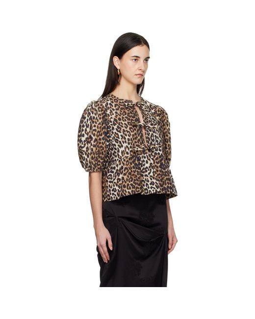 Ganni Black Tan Leopard Cotton Poplin Peplum Tie Blouse