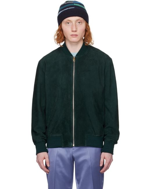 Paul Smith Black Green Stand Collar Leather Jacket for men