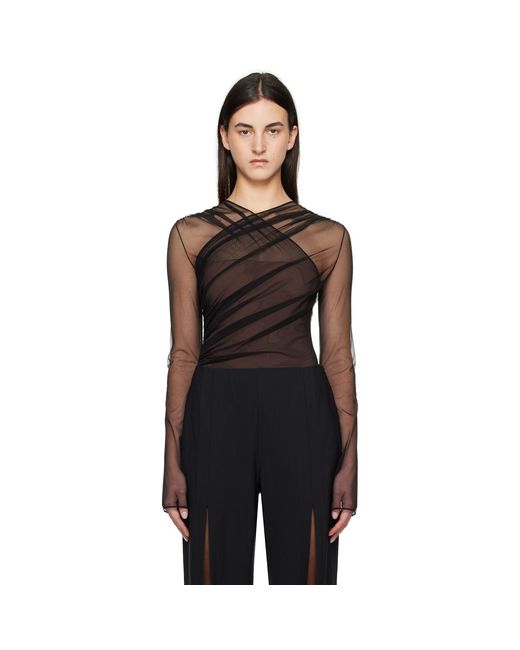 Nensi Dojaka Black Semi-Sheer Gathered Long Sleeve Bodysuit
