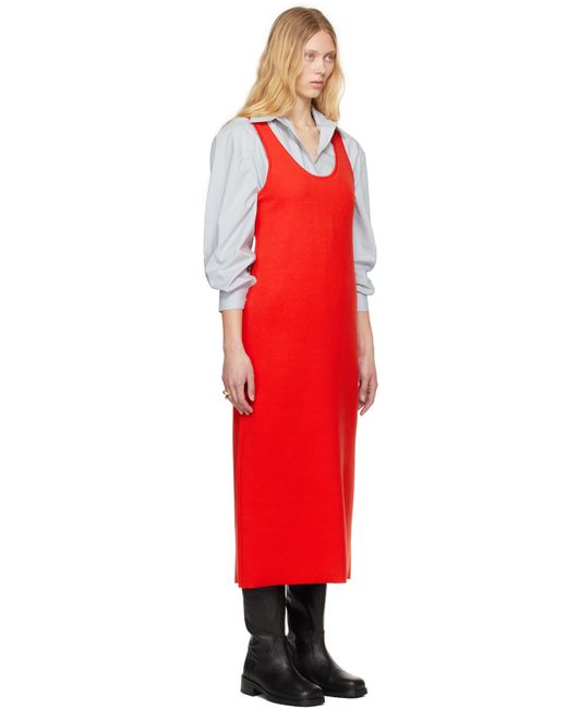 Auralee Red Cotton Silk Stretch Knit Midi Dress