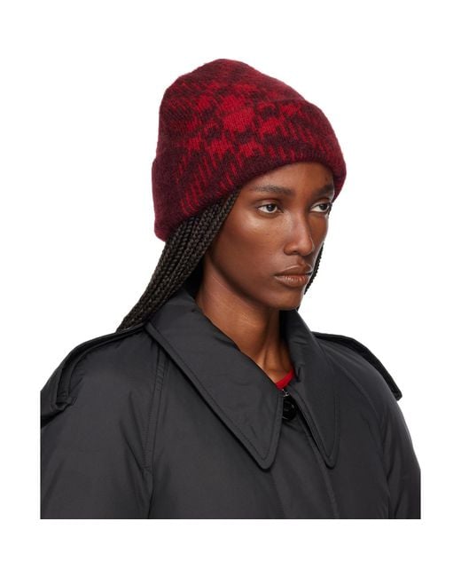 Burberry Black Burgundy Check Mohair Wool-Blend Beanie
