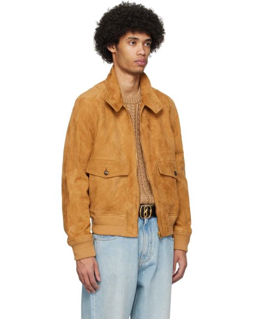 Bally Orange Brown Spread Collar Leather Jacket for men