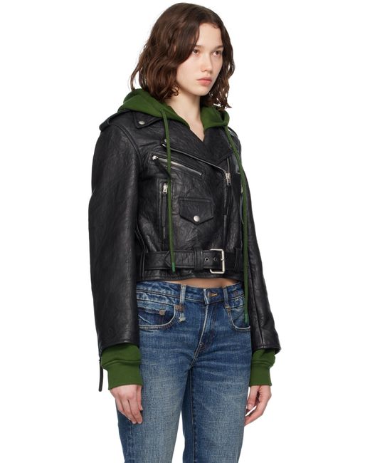 Acne ブラック＆グリーン レイヤード レザージャケット Black