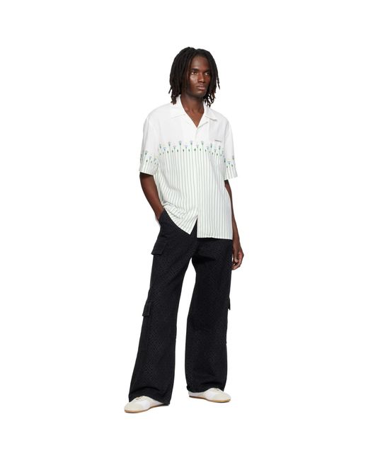 Casablanca White Linen Floral Stripe Sporty Short Sleeve Shirt for men